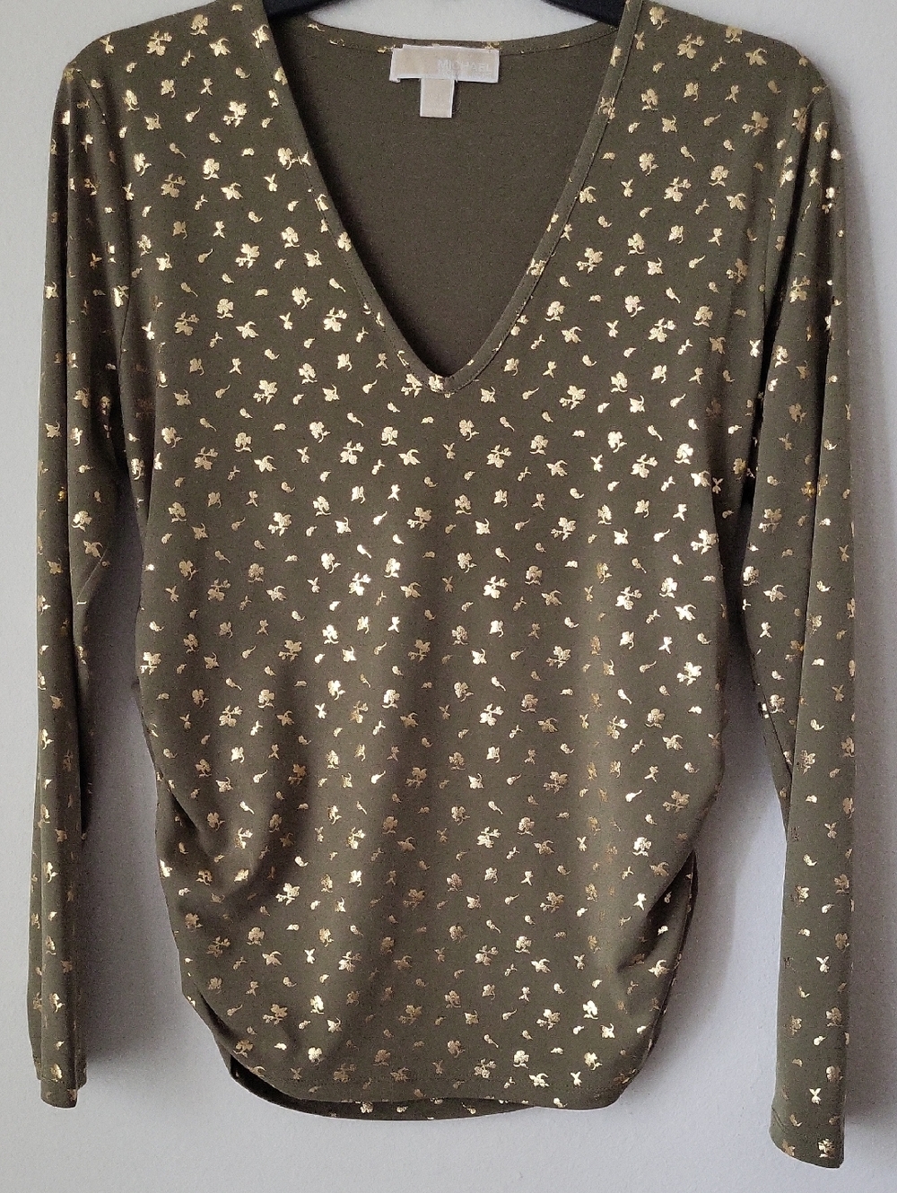 Michael Kors Olive Green Jersey Top with Gold Metallic Accent Size PL